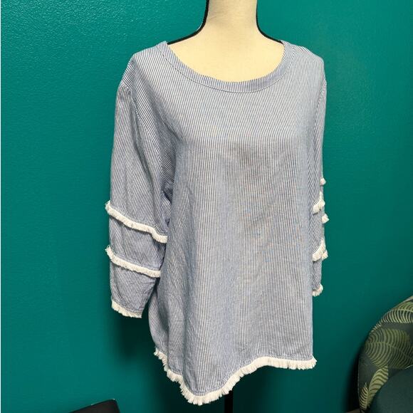Cynthia Rowley Linen Cotton Blend Long Sleeve Blue & White Stripe Blouse 1X - Picture 8 of 10